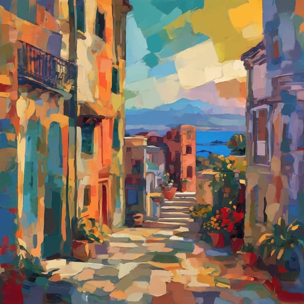 Ζωγραφική εικόνα γραφικού παραλιακού τοπίου με πολυτεχνική τεχνική και έντονες χρωματικές αποχρώσεις, απόλυτη αισθητική εμπειρία.