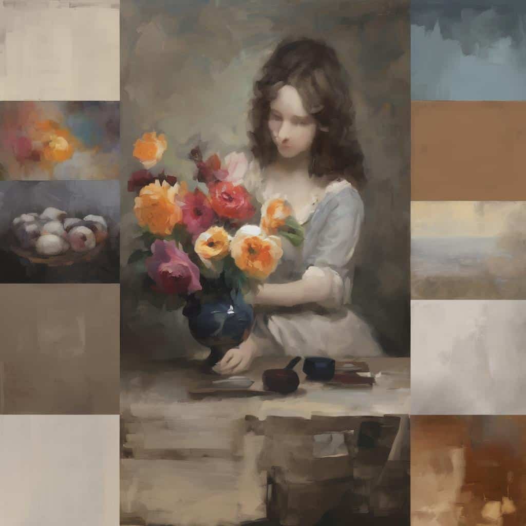 Πίνακας με νεαρή γυναίκα που κρατάει ανθοστήλη με πολύχρωμα λουλούδια, σε ρεαλιστικό στυλ.