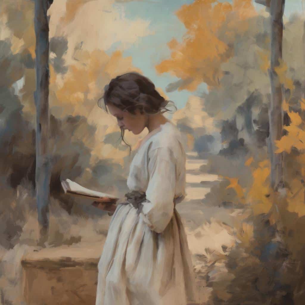 Νεαρή γυναίκα διαβάζει βιβλίο σε φυσικό τοπίο με χρυσά φύλλα δέντρων, αίσθηση τέχνης και αισθητικής εμπειρίας.