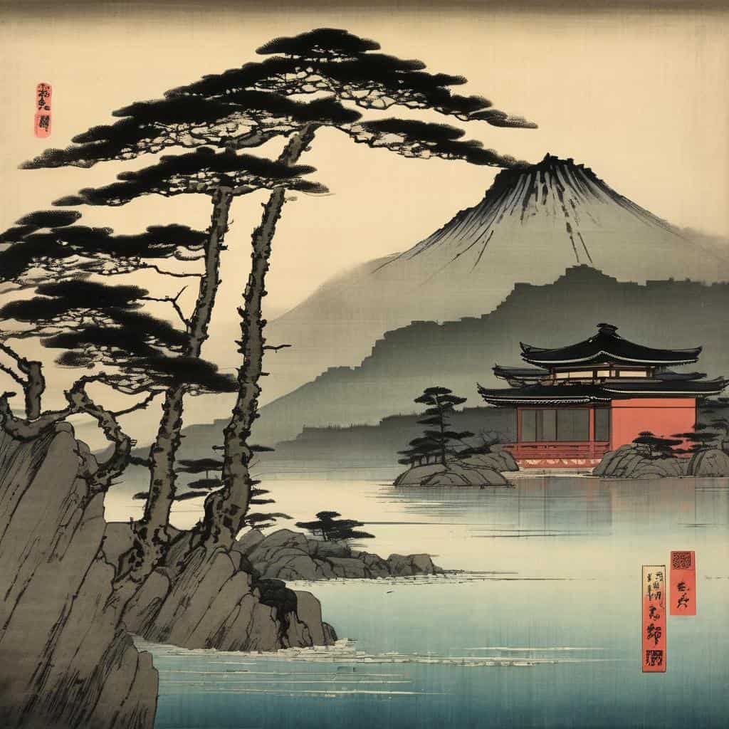 Ατμόσφαιρα αισθητικής εμπειρίας με παραδοσιακή ιαπωνική τέχνη και φυσική ομορφιά, Mt. Fuji και παραδοσιακό μοναστήρι.